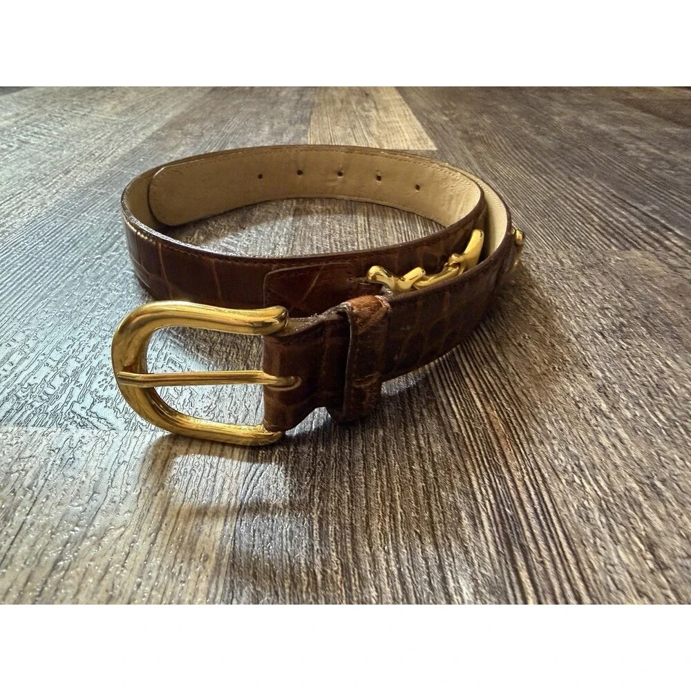Genuine Leather Croc Embossed Belt Brown Gold Snaffle Bit Equestrian Horsebit L